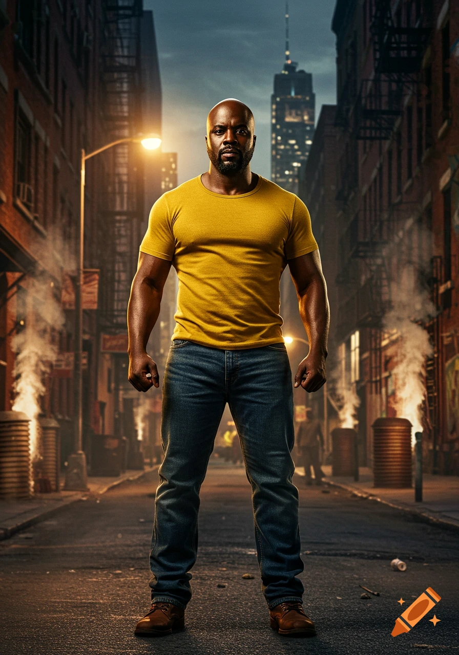 A muscular, bald Black man in a yellow t-shirt and jeans stands confidently in a gritty, photorealistic city street at dusk.
