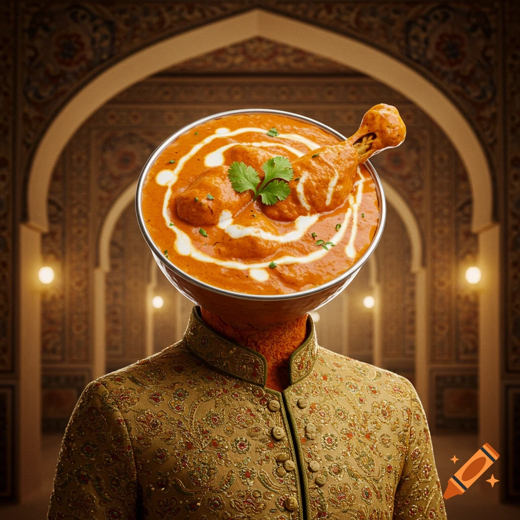 A person in gold Indian attire with a butter chicken bowl for a head stands in an ornate, arched hall.