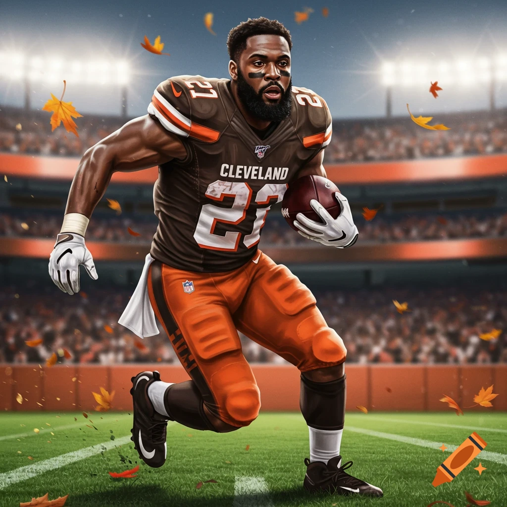 A Black football player in a Cleveland Browns uniform with number 21, running on a field with autumn leaves, in a stadium.