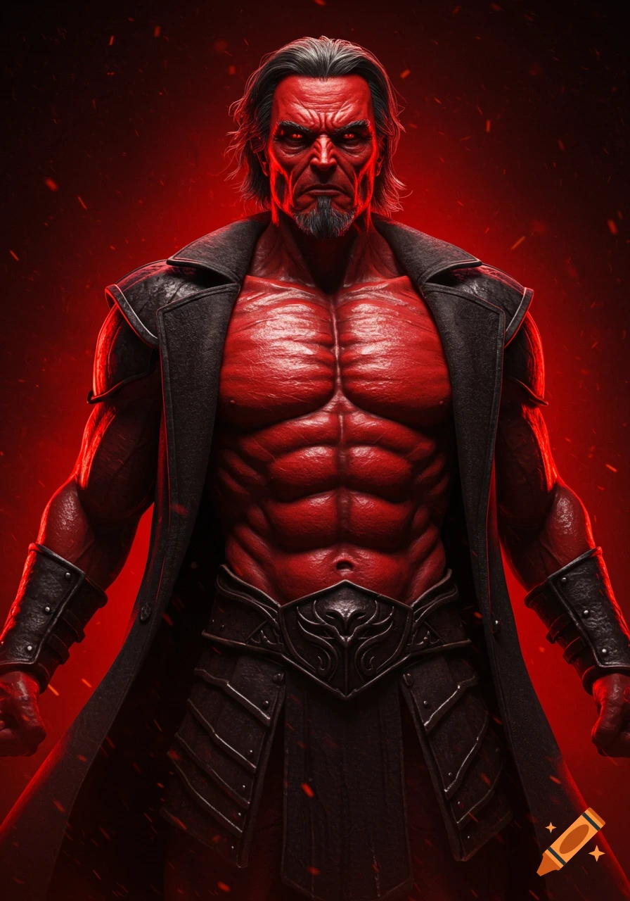 Muscular red-skinned man with glowing red eyes and silver hair in a dark leather coat and regal armor against a dramatic red background, hyper-realistic.
