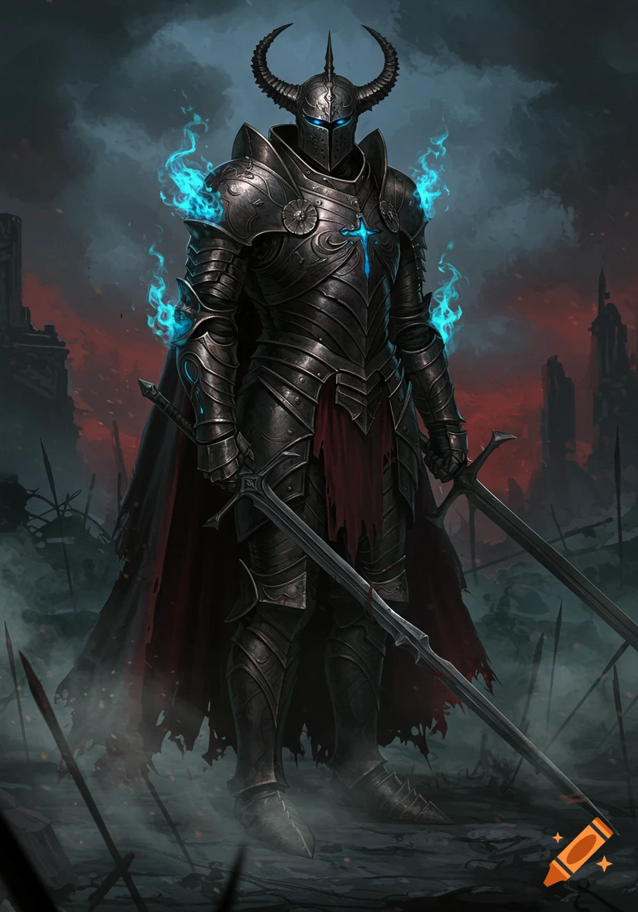 A dark fantasy knight in ornate black horned armor with glowing blue accents stands holding two swords on a desolate battlefield with ruins.