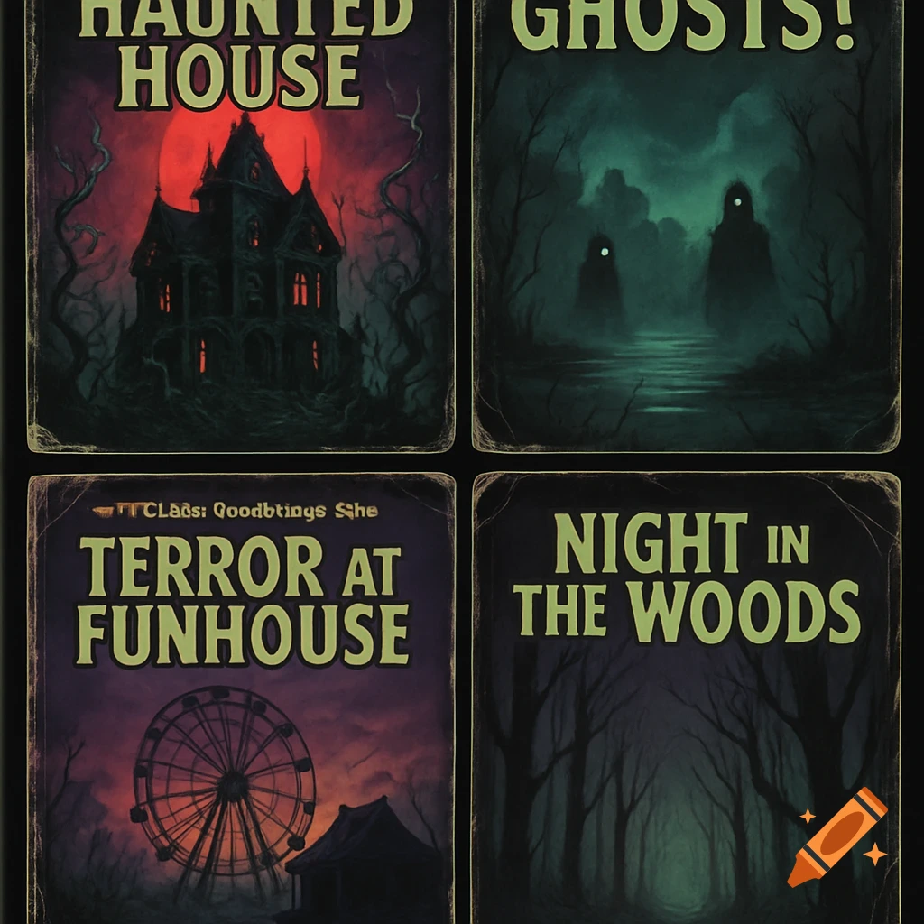 Four vintage-style horror book covers in a grid, featuring a haunted house, ghosts, a funhouse, and a dark forest.