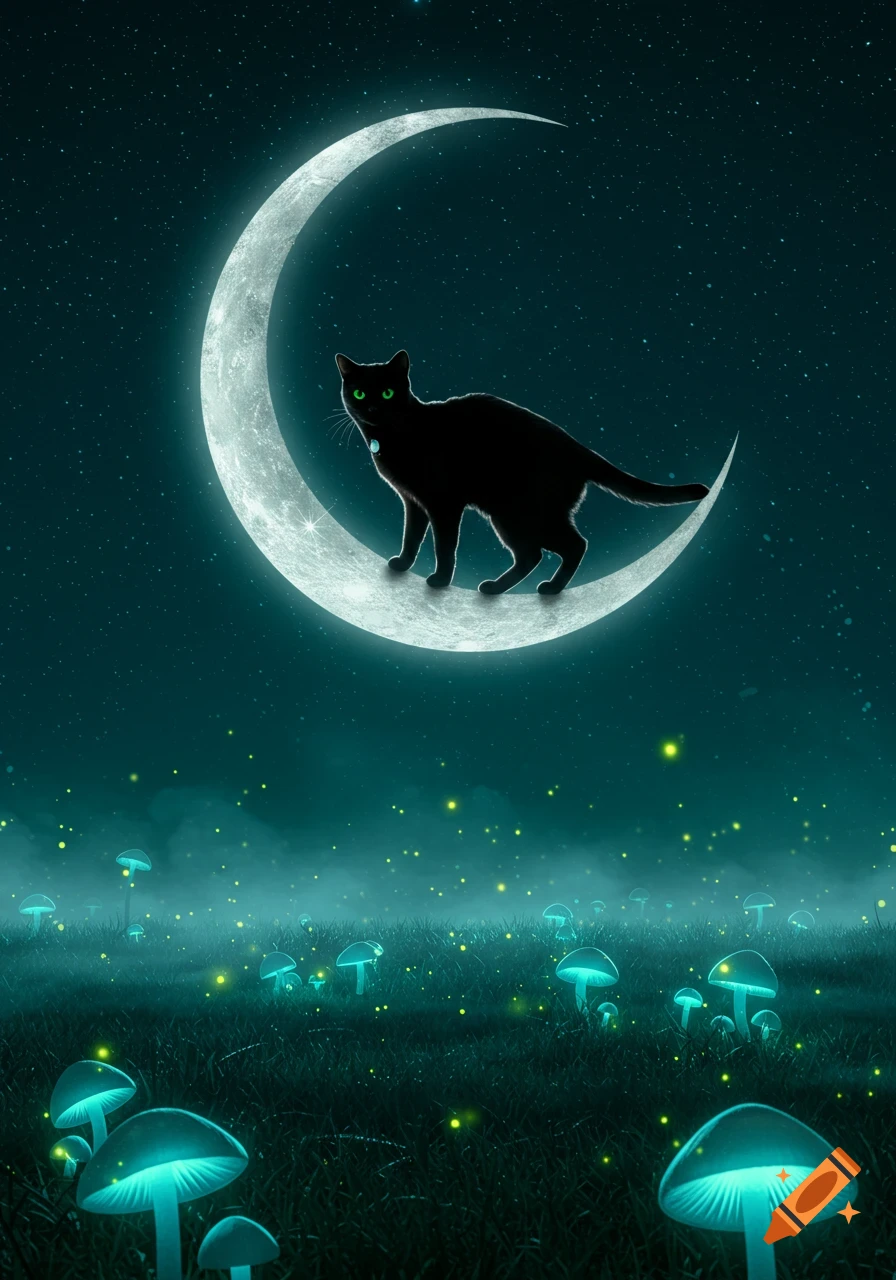 A black cat with green eyes stands on a glowing crescent moon above a field of luminous blue mushrooms at night.