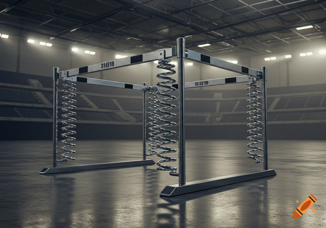 A unique hurdle with springs connecting its vertical uprights to the base, standing on a track in a dimly lit athletic arena.