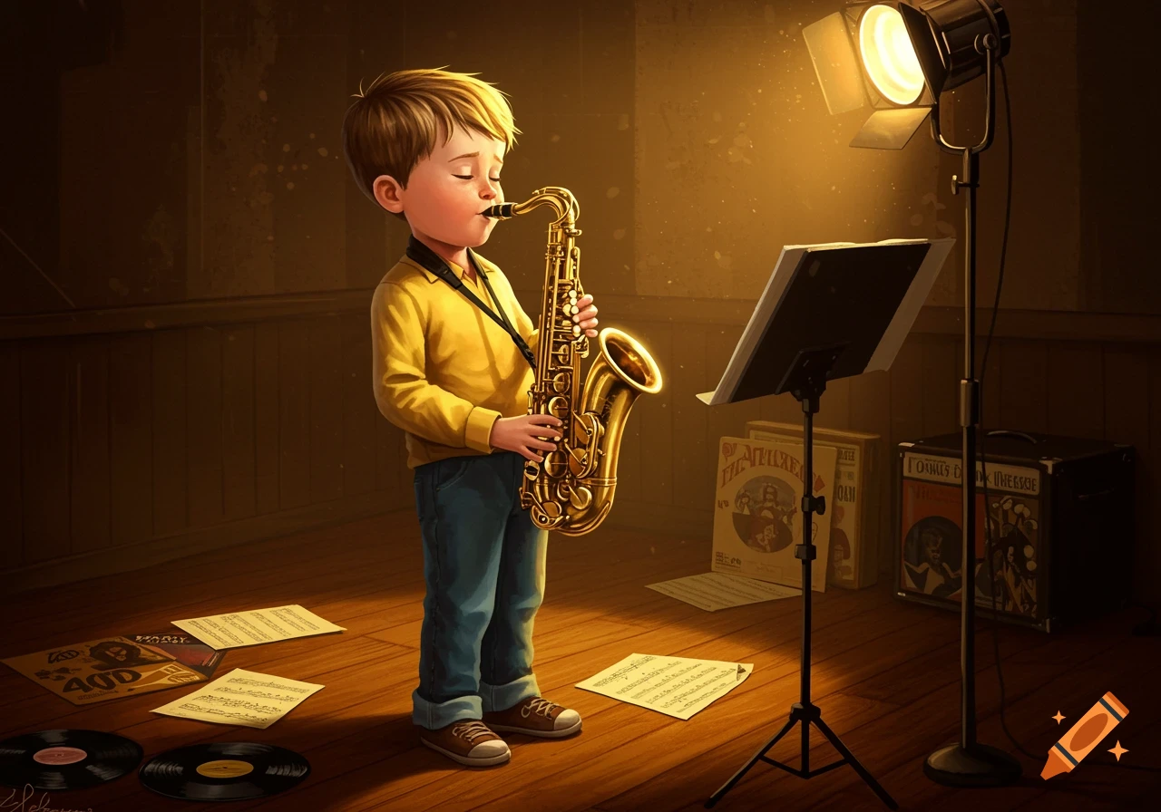 A stylized illustration of a young boy with closed eyes playing a golden saxophone in a dimly lit room, with sheet music and records on the floor.