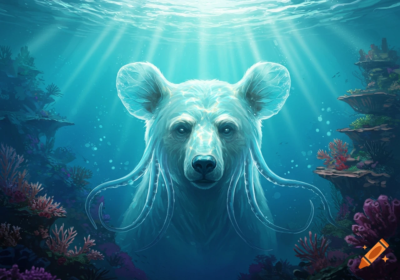 A glowing, translucent bear-like sea creature with tentacle-like ears floats underwater amidst colorful coral, with light rays from the surface.