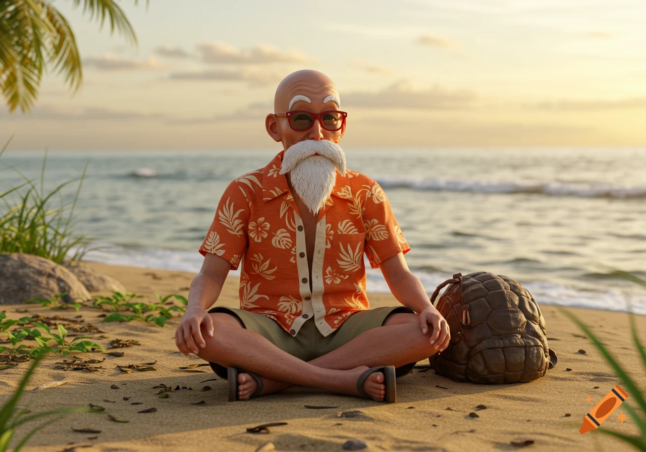 Master Roshi, wearing a Hawaiian shirt and sunglasses, meditates on a sandy beach at sunset, with a turtle shell backpack nearby. 3D render.