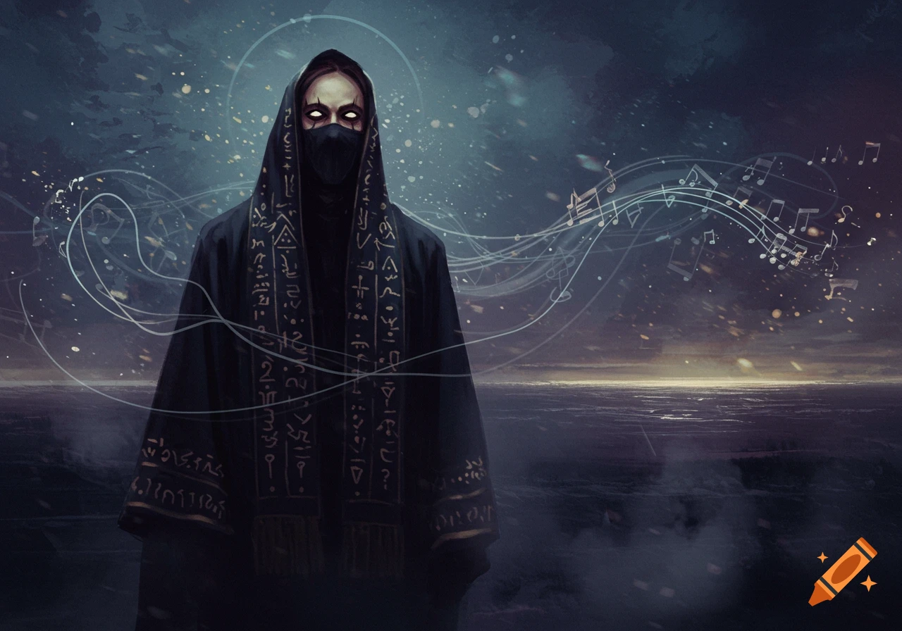 A mysterious robed figure with a black mask and glowing white eyes stands against a dark, starry sky with musical notes floating around them.