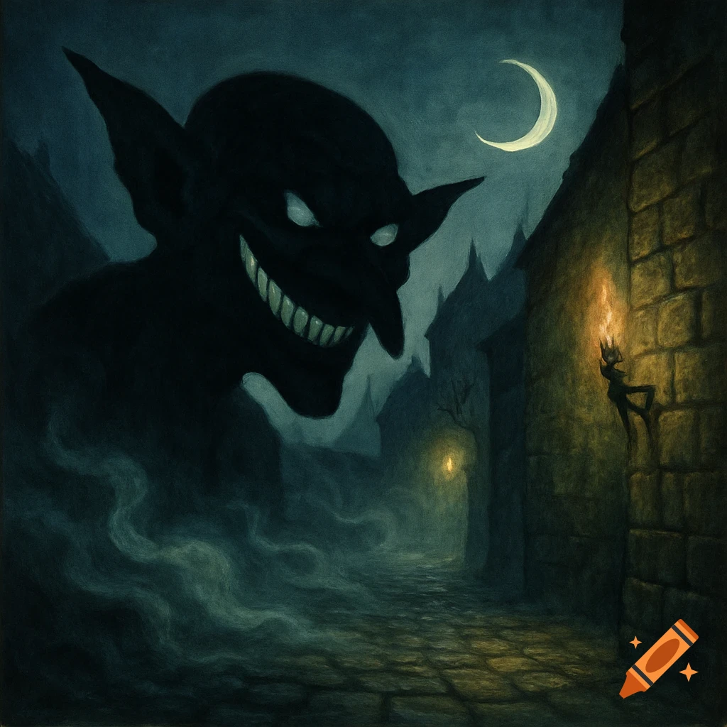 Stylized dark fantasy painting of a giant grinning goblin shadow looming over a cobblestone street with old buildings and a crescent moon.
