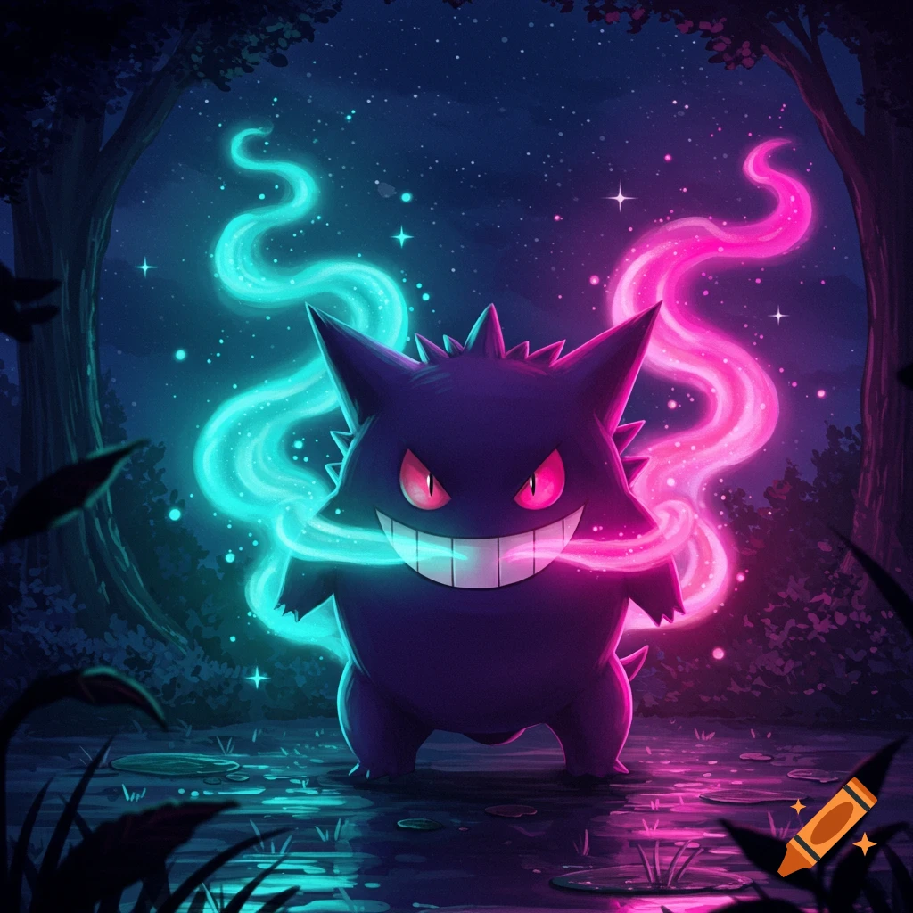 Gengar with neon pink and blue glowing aura in a dark, moonlit forest.
