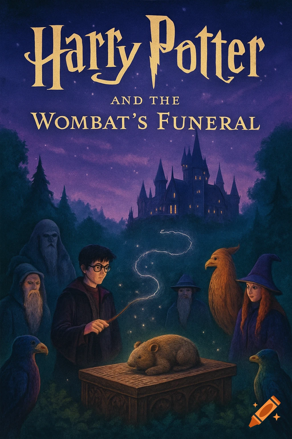 Illustrated book cover for 'Harry Potter and the Wombat's Funeral' featuring Harry, wizards, a wombat, and a castle.