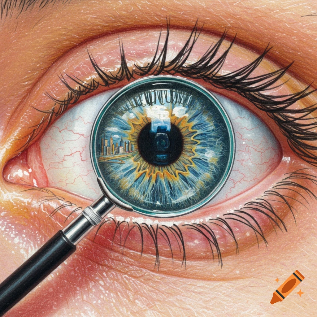 Hyperrealistic color pencil drawing of an eye with a cityscape inside the iris, magnified by a floating glass.