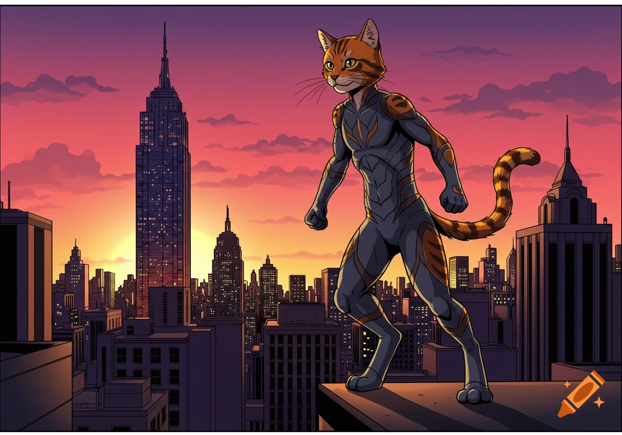 A comic art bipedal cat in a superhero suit stands on a rooftop overlooking a city skyline with the Empire State Building at sunset.
