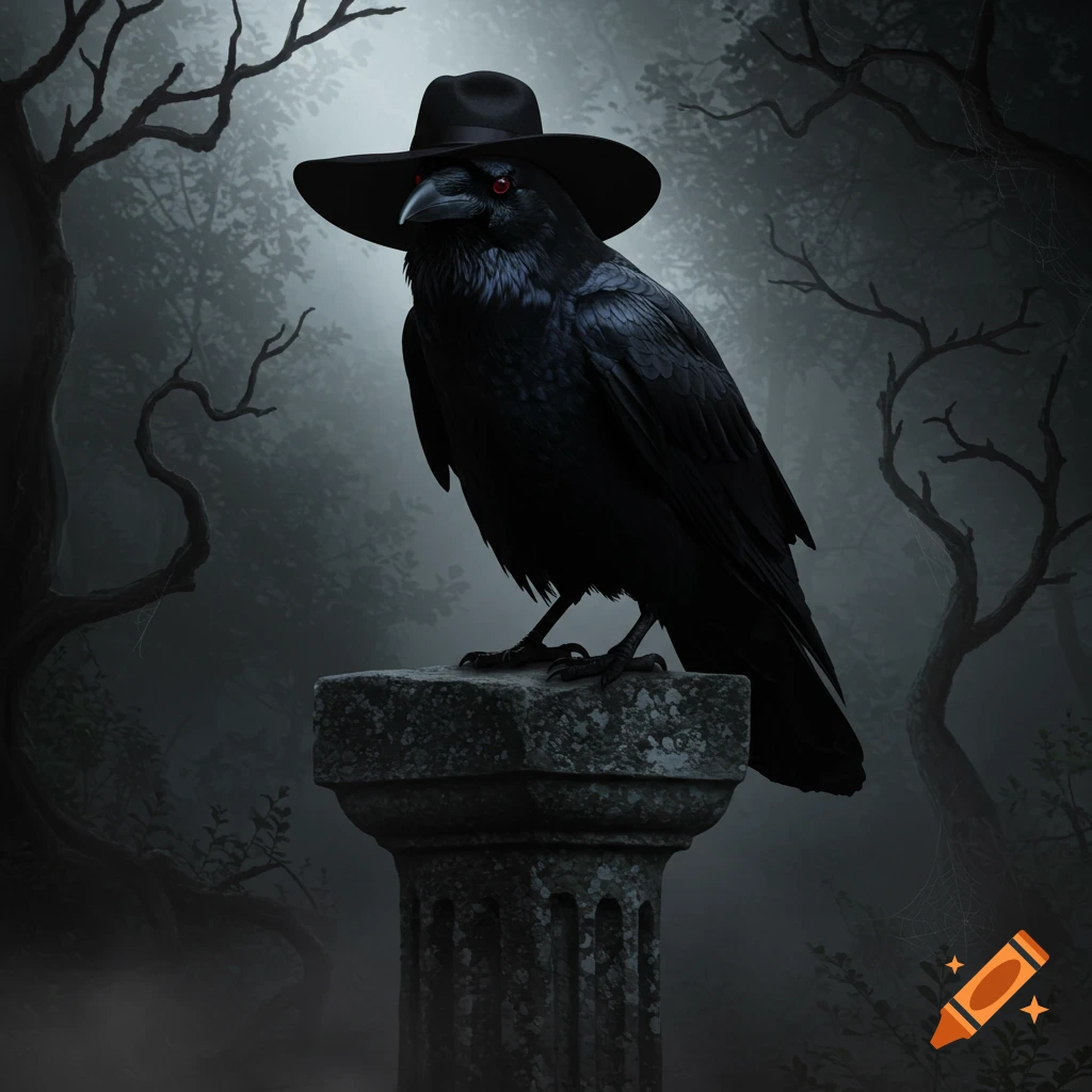 A black raven with red eyes wearing a black wide-brimmed hat sits on a stone pillar in a dark, misty forest.