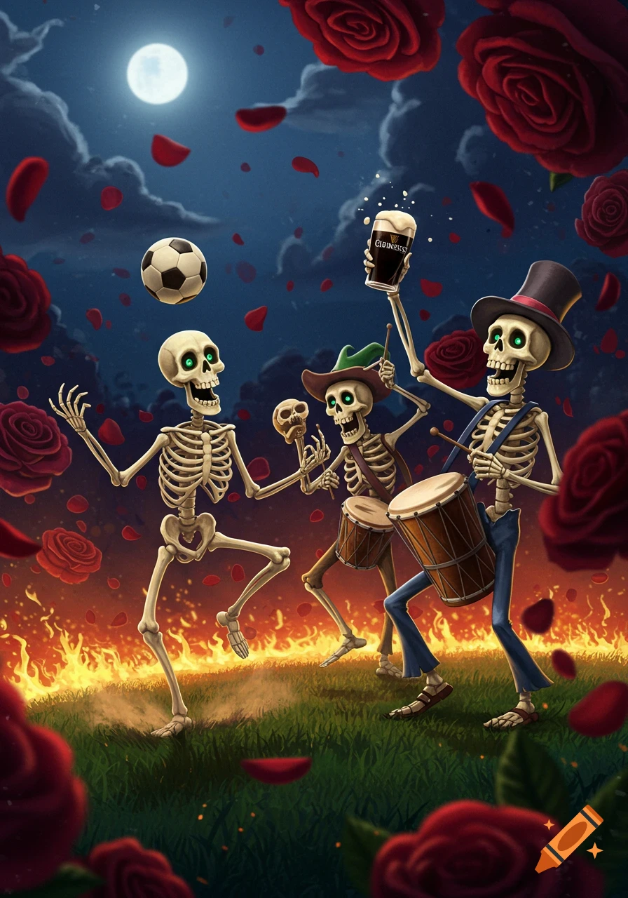 Cartoon skeletons dance under a full moon. One juggles a soccer ball, another drinks Guinness, and a third plays drums, surrounded by roses and fire.