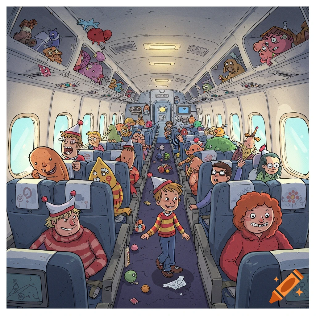 Cartoon illustration of a crowded airplane cabin filled with diverse, whimsical characters and monsters wearing party hats, with a child walking down the aisle.