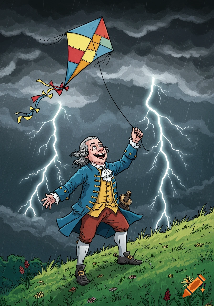 Cartoon Benjamin Franklin happily flying a colorful kite in a stormy, lightning-filled sky on a grassy hill.