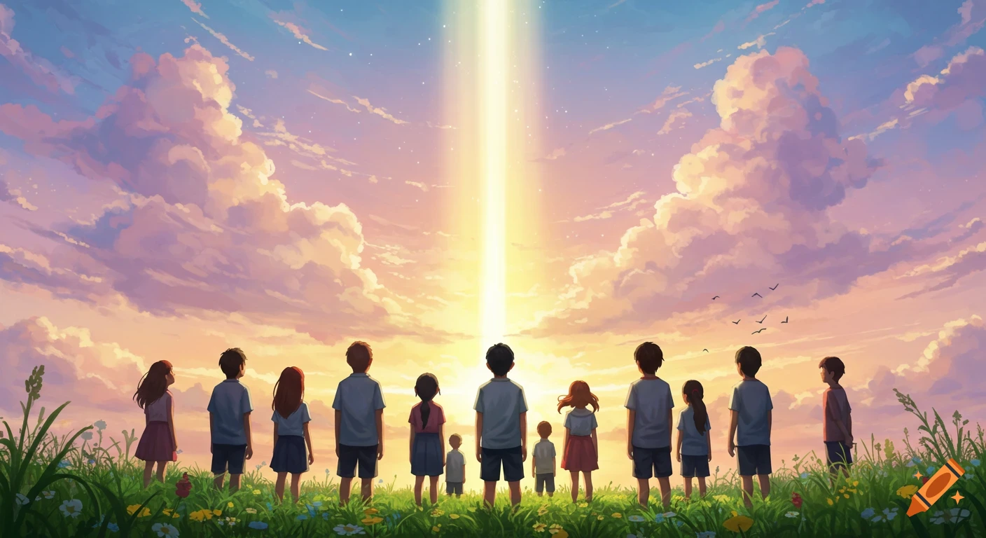 Anime illustration of diverse youth standing in a field, looking up at a bright light beam from a colorful, cloudy sky at sunset.