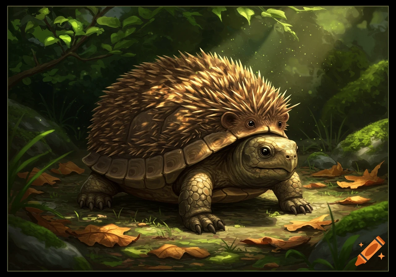 A whimsical, detailed illustration of a hedgehog-turtle hybrid creature walking in a sun-dappled forest with green foliage and autumn leaves.