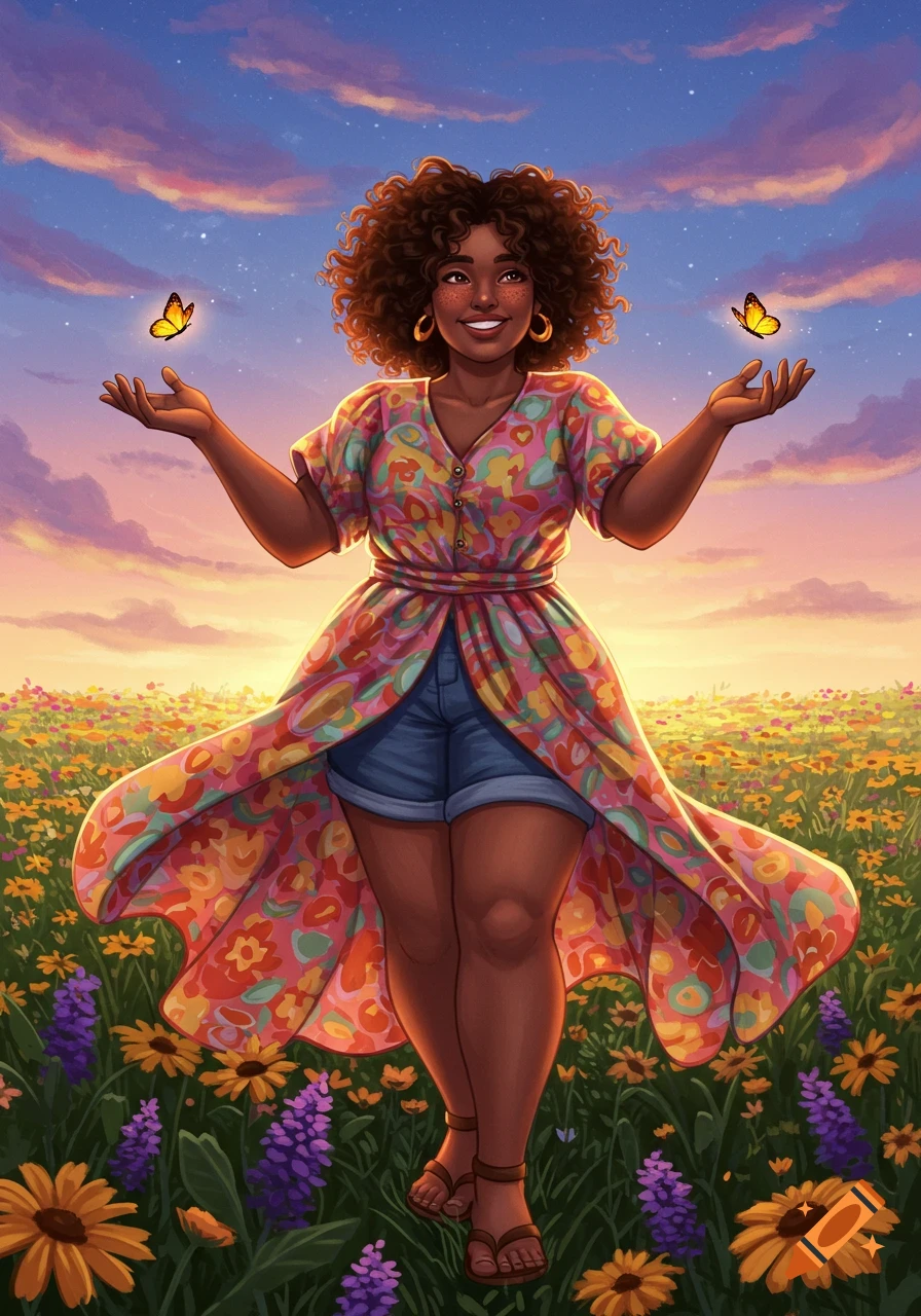 A smiling Black woman in a vibrant floral dress stands in a wildflower field with butterflies on her hands, under a sunset sky. Digital illustration.