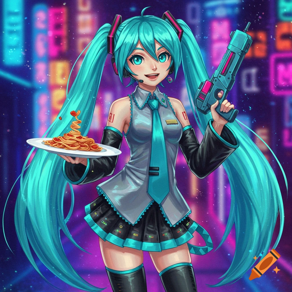 Hatsune Miku with blue pigtails holds a plate of spaghetti and a futuristic gun in an anime style against a neon city.