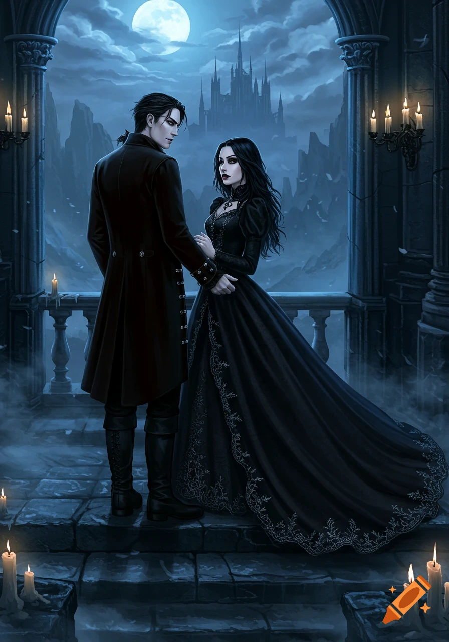 A dark gothic fantasy couple stands on a stone balcony under a full moon, with a towering castle in the misty background. The man wears a black coat, and the woman a long black dress.