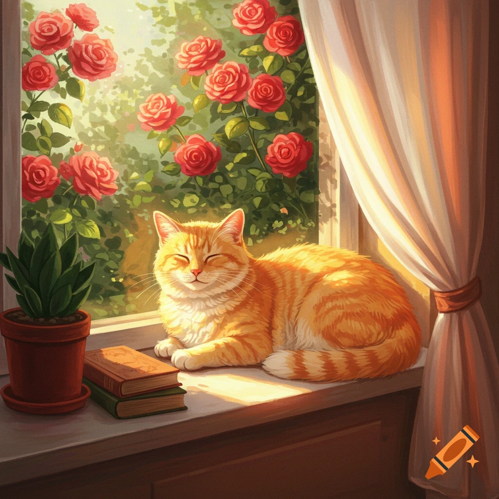 An orange tabby cat naps contentedly on a sunlit windowsill, with a potted plant, books, and red roses outside.