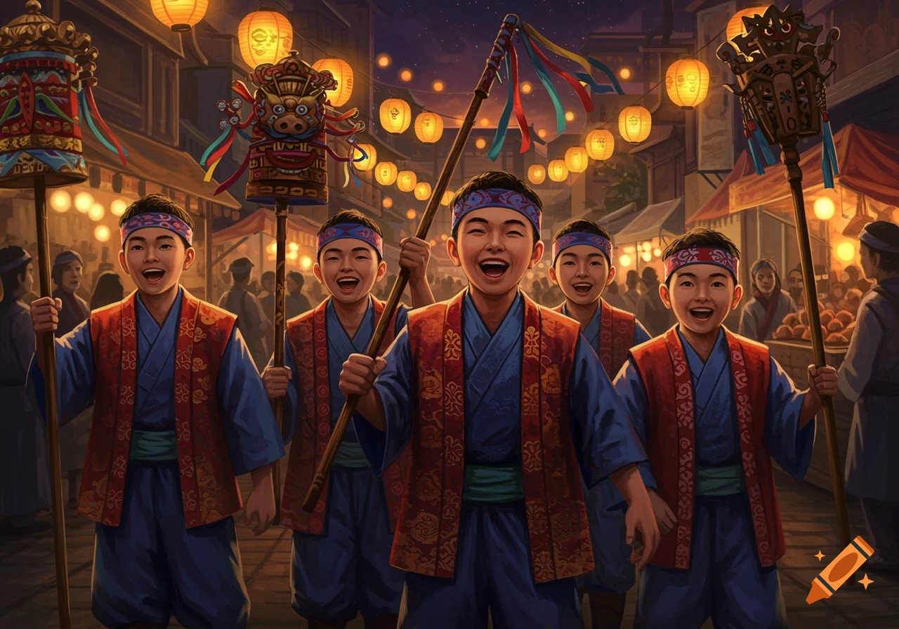 A group of young boys in traditional blue and red outfits celebrating at a night festival, holding decorated poles under glowing lanterns.