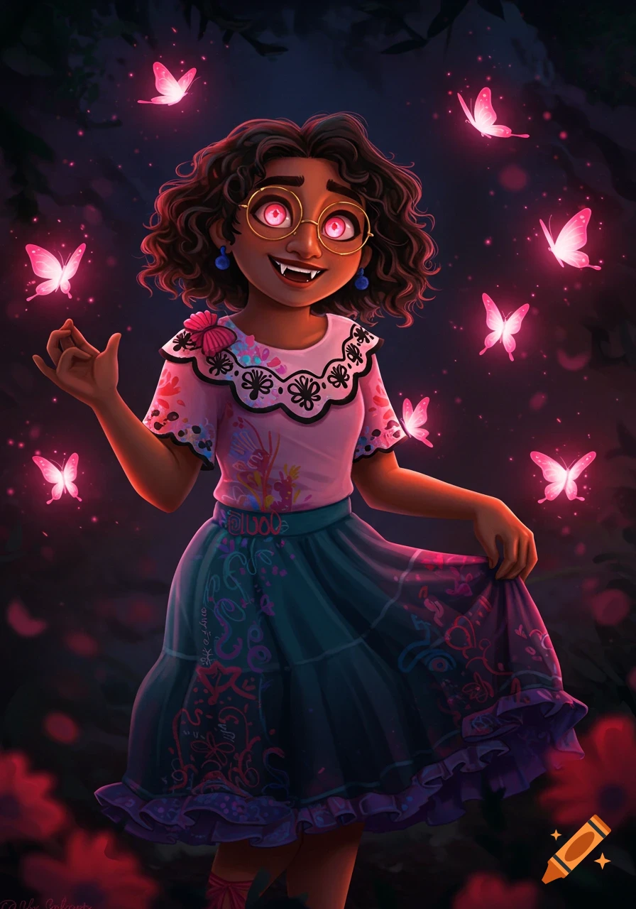Mirabel Madrigal as a smiling vampire with fangs and glowing red eyes, surrounded by magical glowing pink butterflies, in a dark forest setting. Stylized illustration.