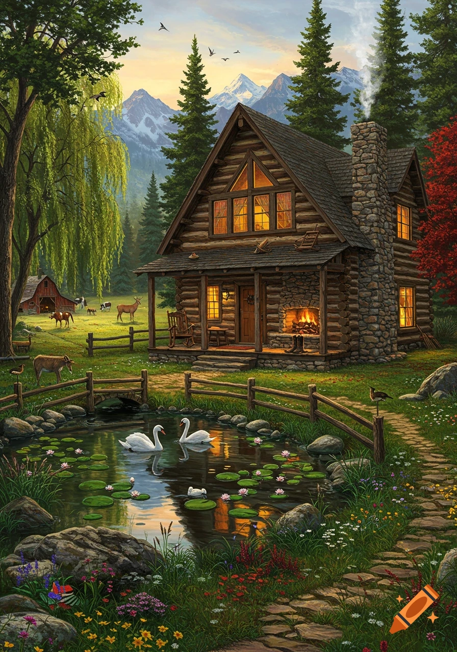 A cozy, painterly log cabin with a stone chimney in a mountain forest. A pond with swans and lily pads is in the foreground, and deer, cows, and a barn are in the background.