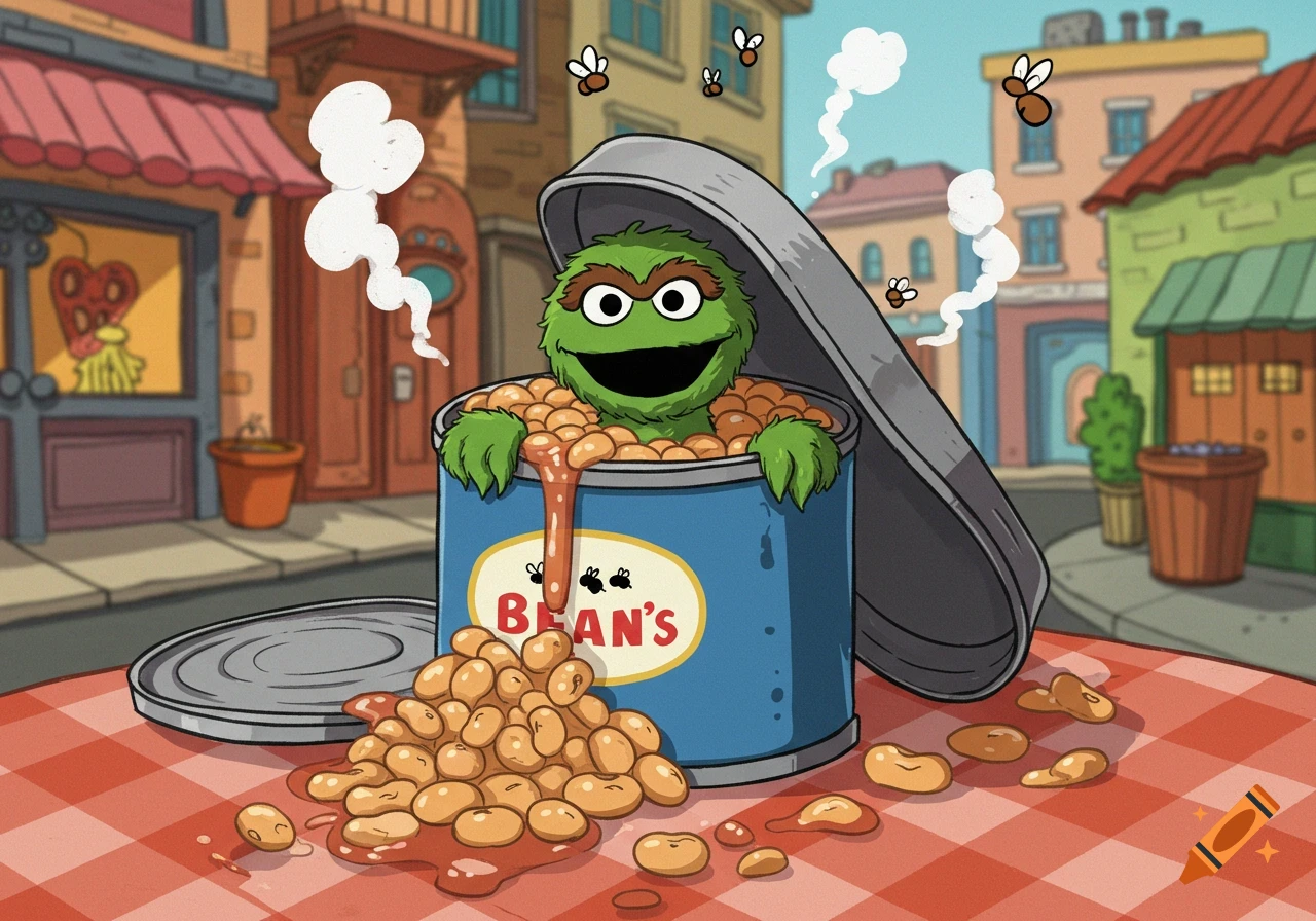 Cartoon Oscar the Grouch peeks from a can of beans spilling onto a checkered table in a street, with flies and steam.