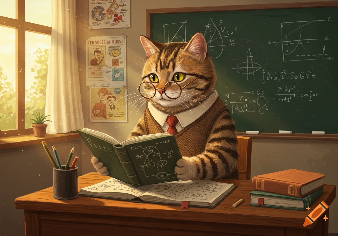 A cartoon tabby cat wearing glasses, a shirt, and a sweater vest sits at a desk, reading a book in a sunlit classroom with a chalkboard and posters.