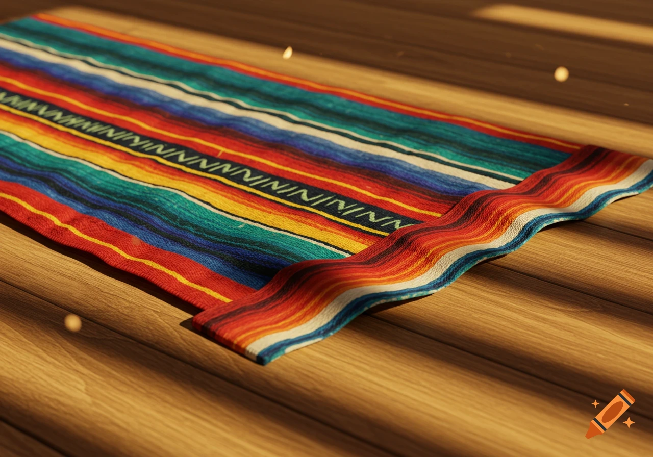 A vibrant, colorful striped rug with a wavy end lies on a wooden floor, illuminated by sun streaks.