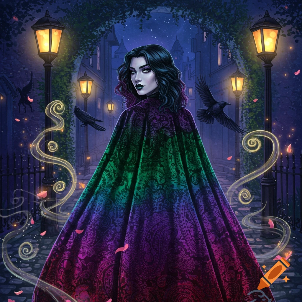 A dark-haired goth woman in a colorful, patterned cape stands in a moonlit gothic alley with lampposts and flying crows.