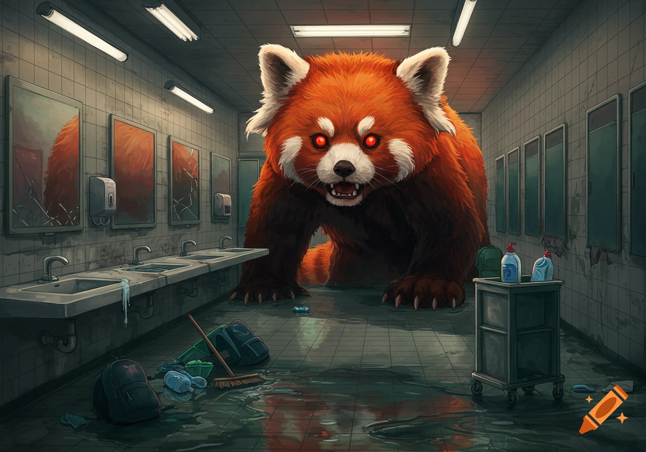 A giant, menacing red panda with glowing red eyes stands in a destroyed, flooded school bathroom with broken mirrors.