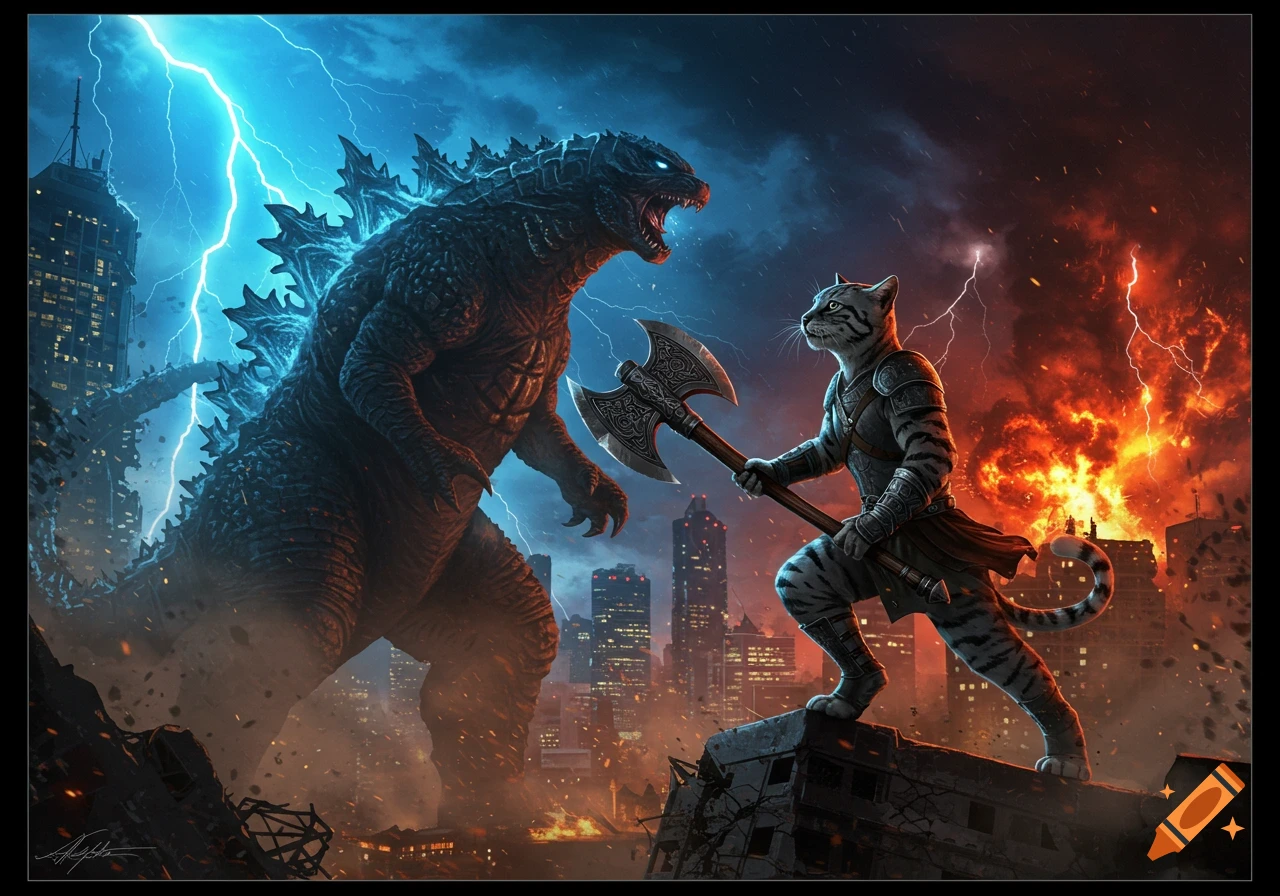 Epic fantasy art of Godzilla facing an armored cat warrior with an axe amidst a destroyed city, lightning, and fire.