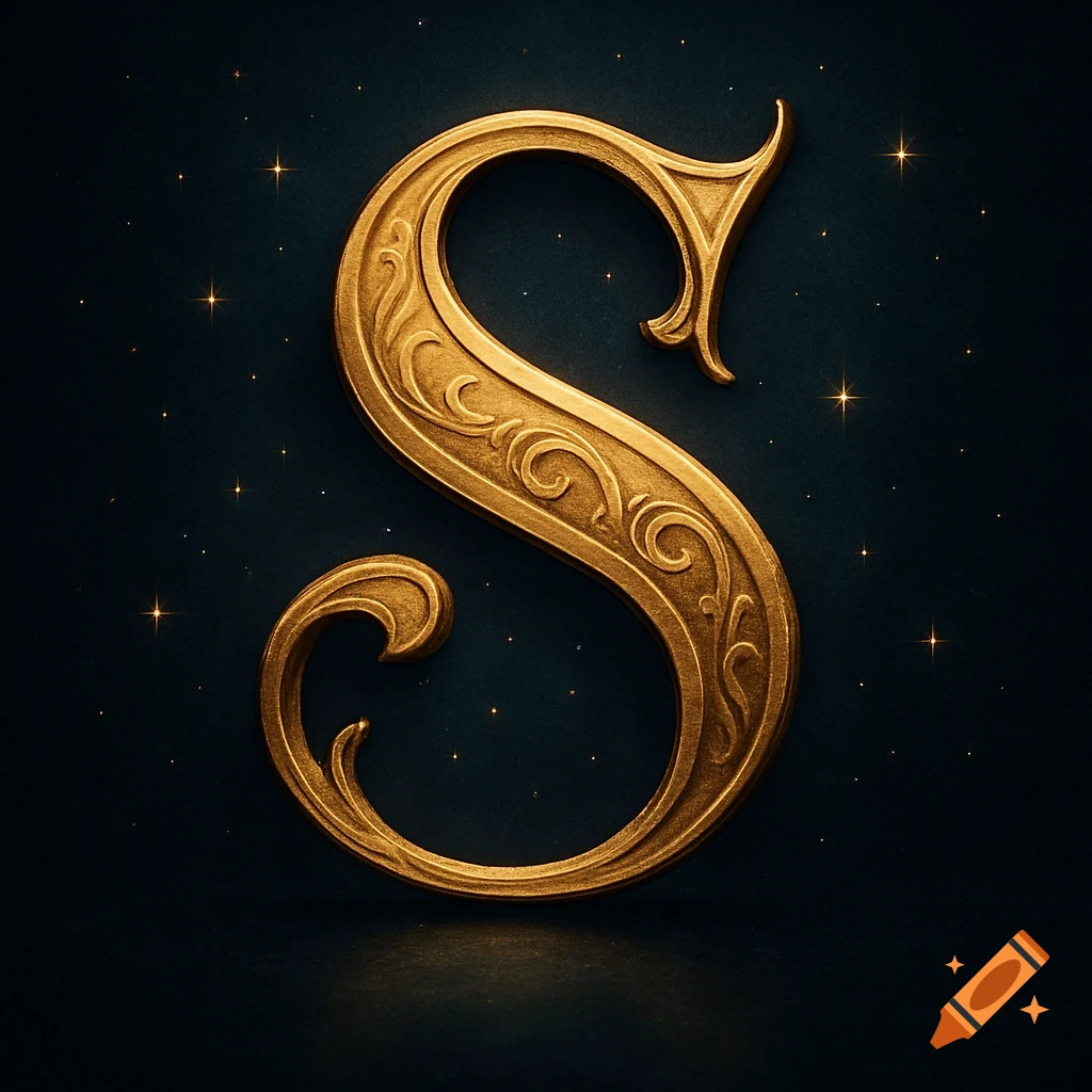 Ornate gold letter S with filigree on a dark, star-filled background in Harry Potter style.