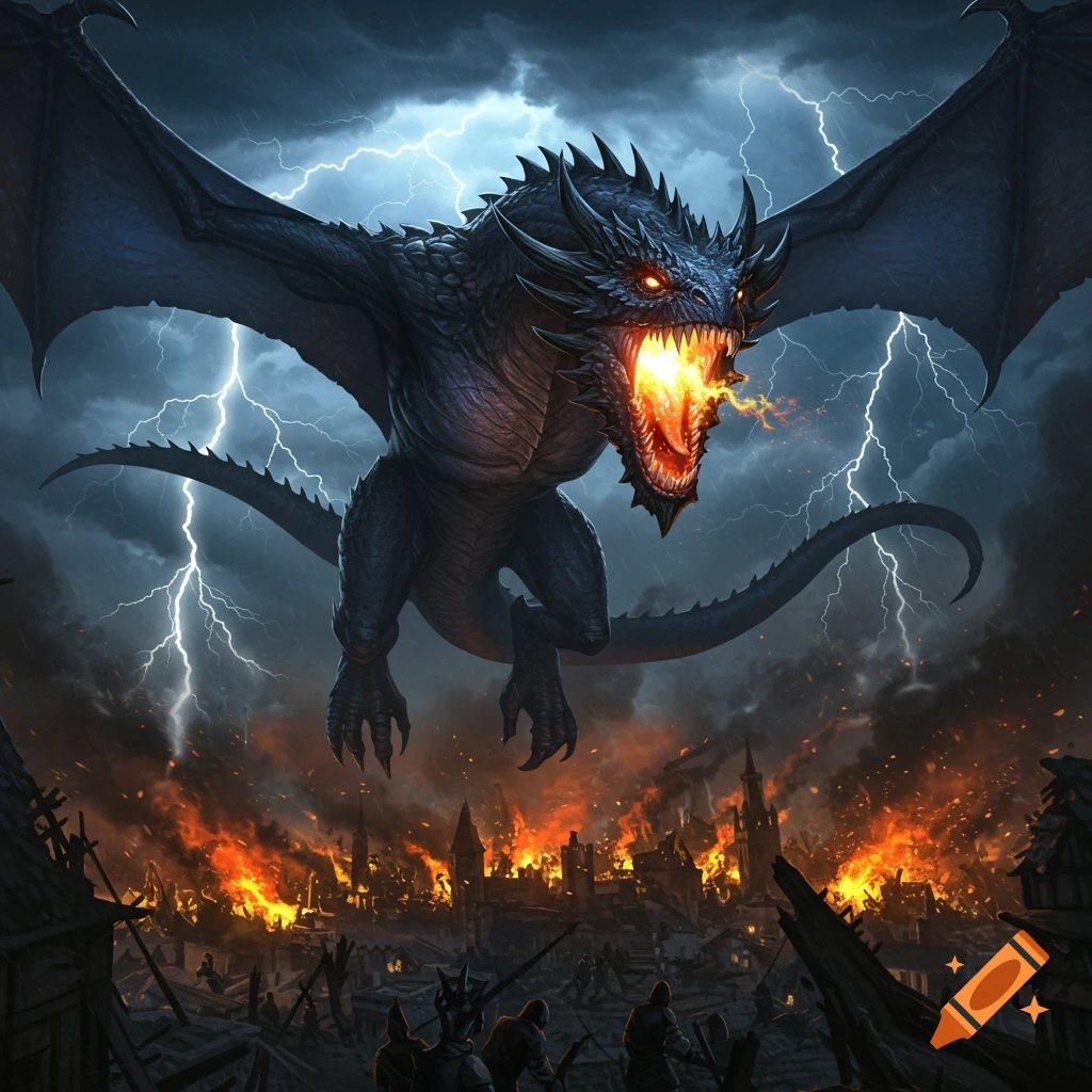 A large, dark blue dragon with glowing red eyes breathes fire while flying over a burning town under a stormy, lightning-filled sky.