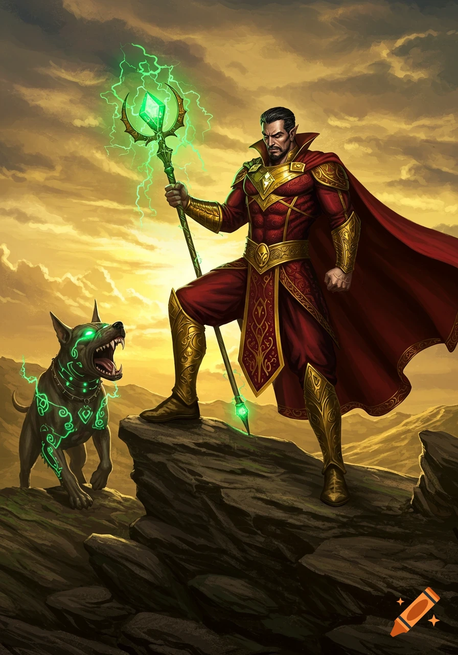 A fantasy wizard in red and gold armor holds a glowing green staff, standing on rocks with a snarling dog with green markings.