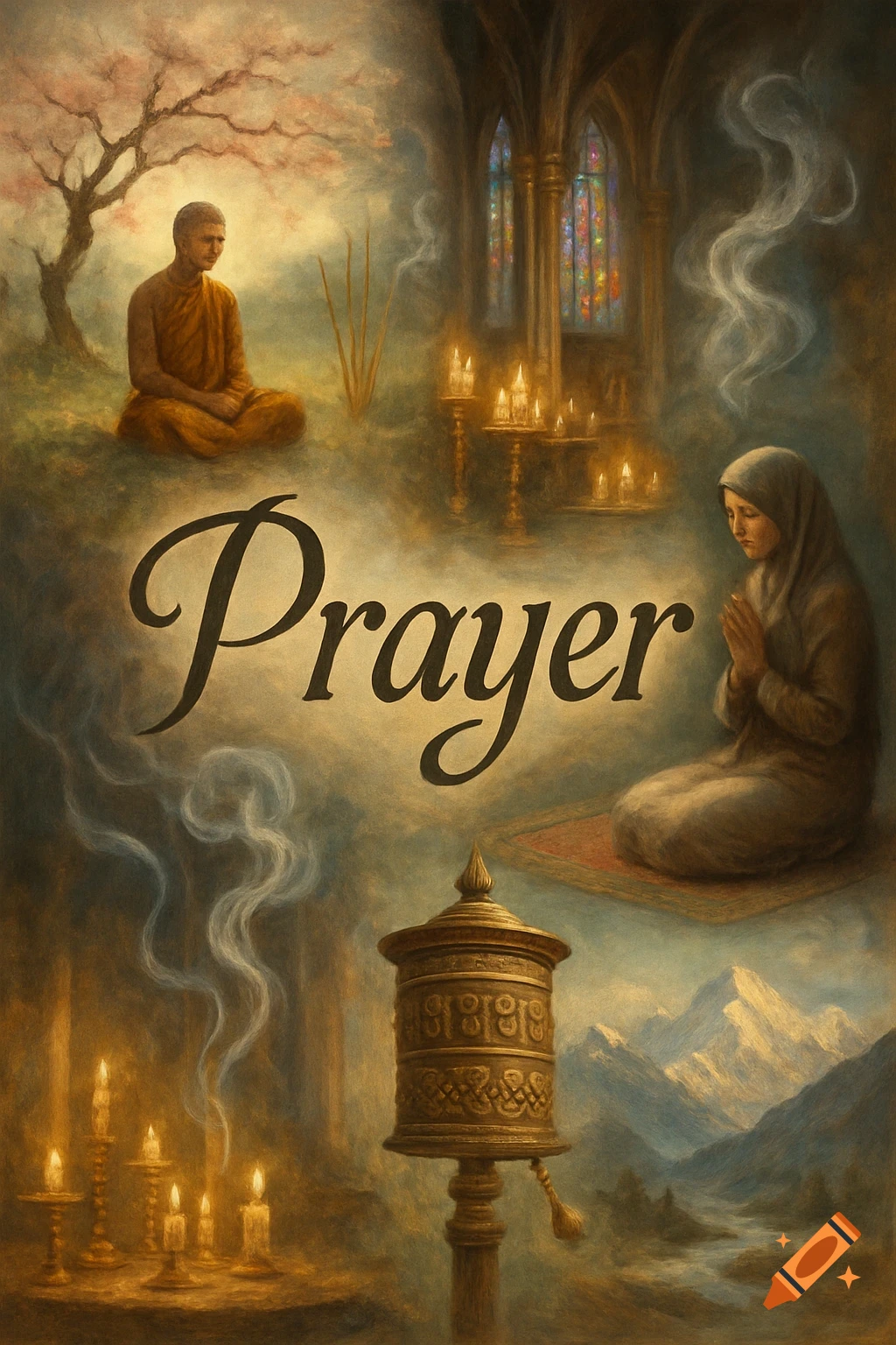 A spiritual collage with 'Prayer' text, showing a monk, a woman in a hijab, candles, stained glass, and a prayer wheel in a painterly style.