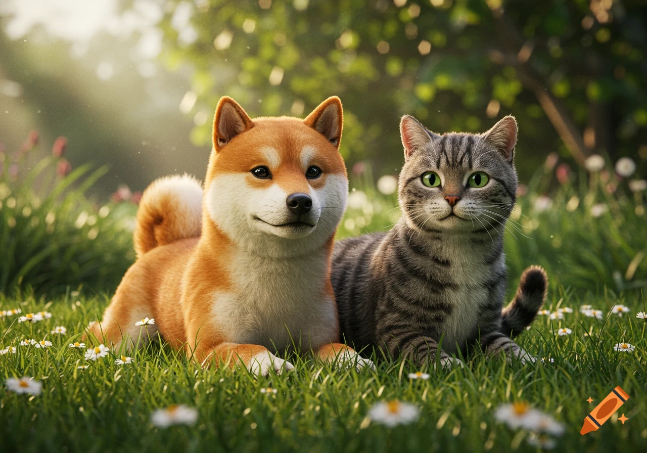 Photorealistic Shiba Inu and tabby cat lying in a sunny grassy field with white flowers.