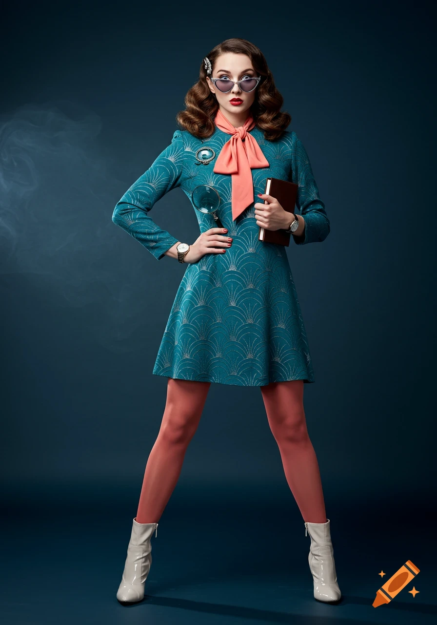 A woman in a teal art deco dress, coral tights, and white boots poses with a magnifying glass and book, evoking a vintage detective style.