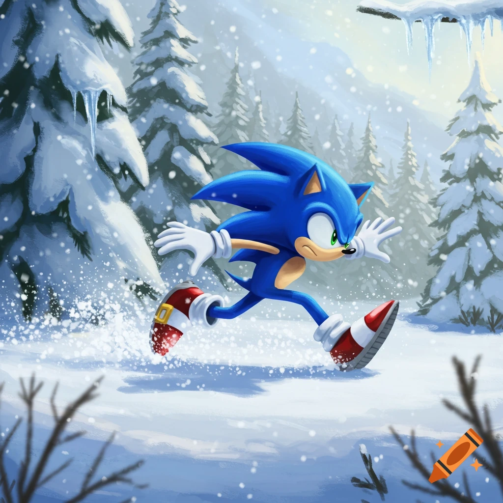 Sonic the Hedgehog runs through a snowy forest, kicking up white snow and ice. Cartoon style.