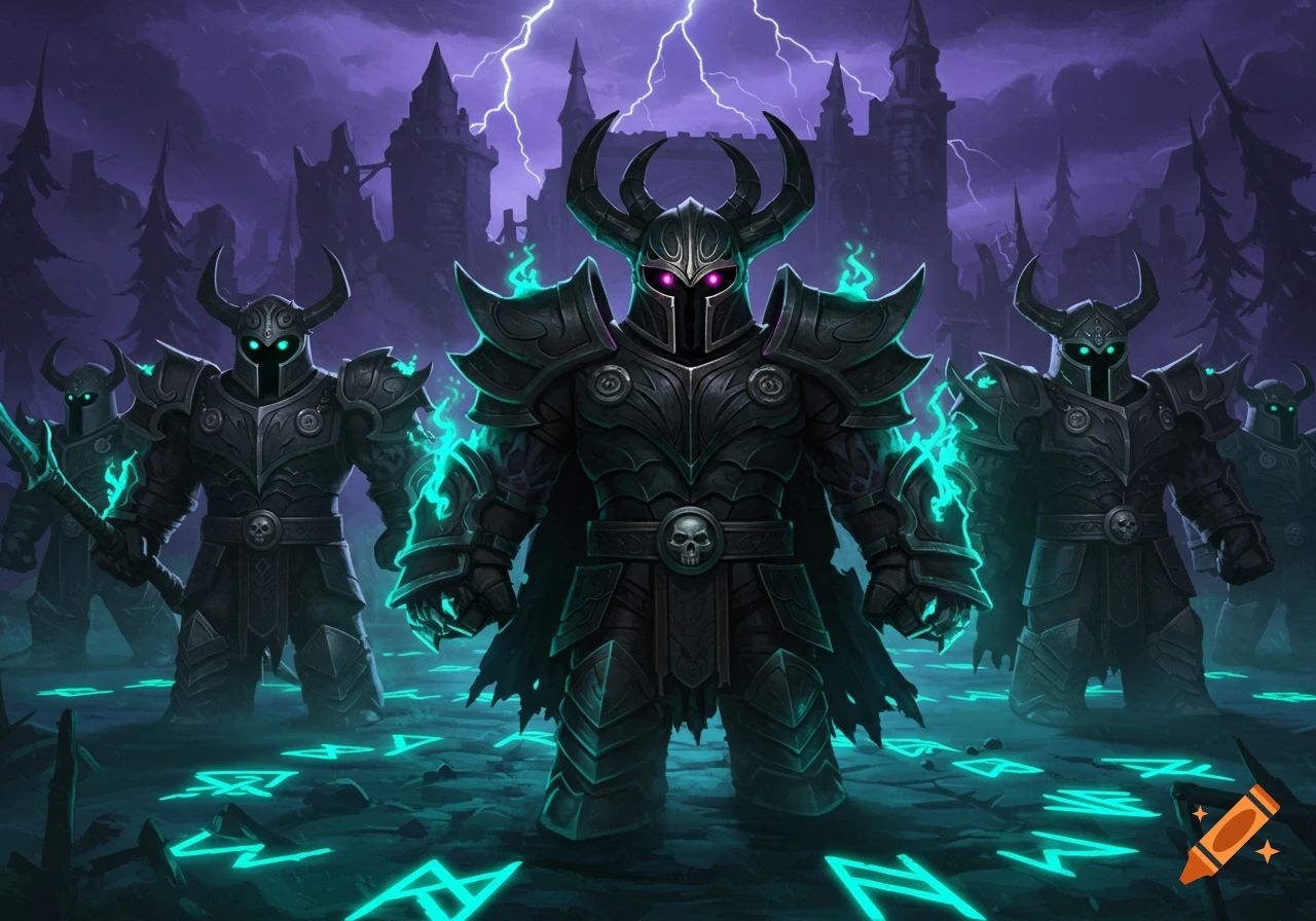 Dark fantasy armored figures with glowing eyes and cyan magic stand amidst runes under a stormy sky with castles.