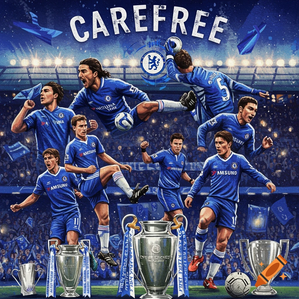 An illustrative image of multiple Chelsea FC football players in blue jerseys, celebrating with various trophies on a stadium pitch, under a banner reading "CAREFREE".
