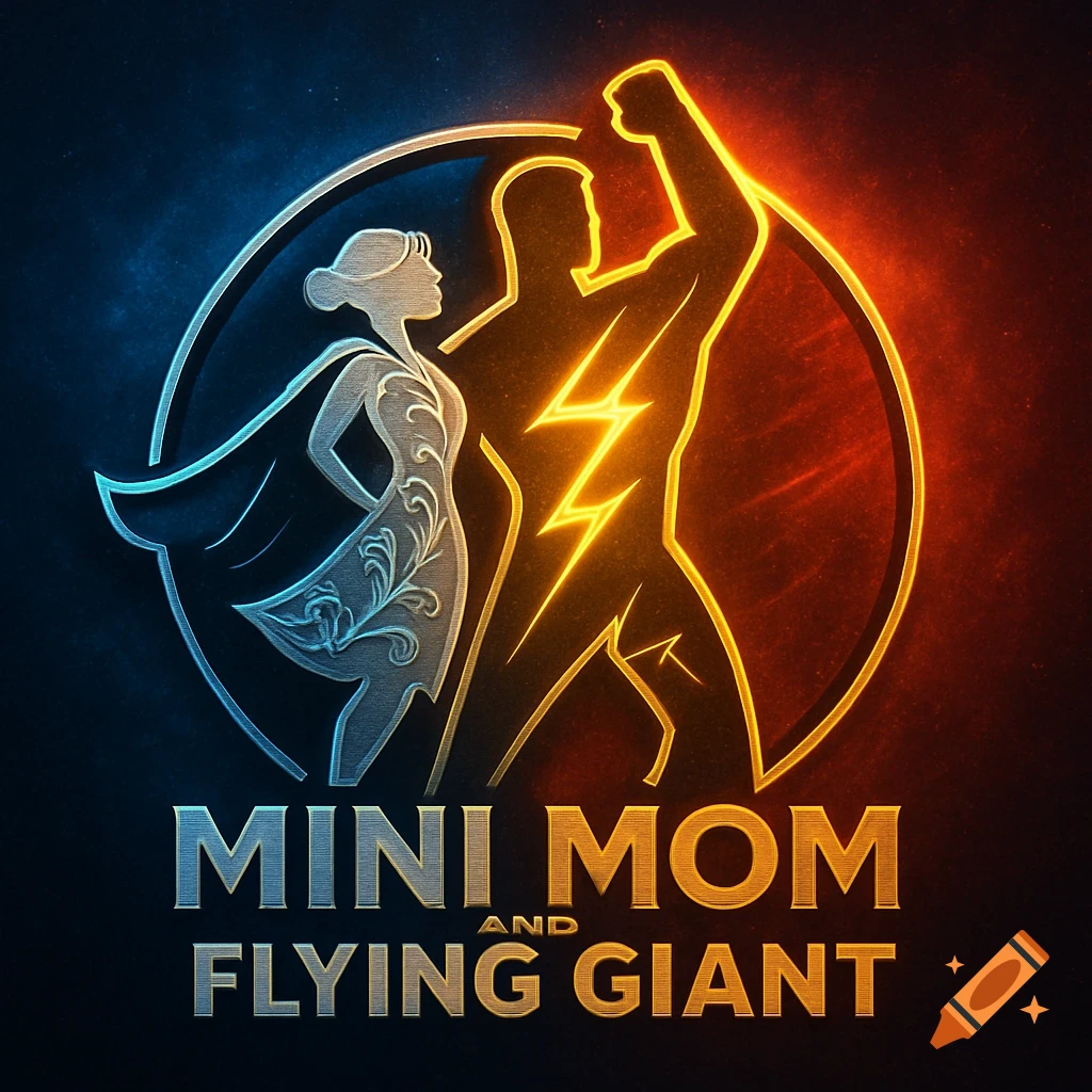 Stylized superhero emblem with a blue outline of a female hero and an orange outline of a male hero with a lightning bolt, text reads "MINI MOM AND FLYING GIANT".