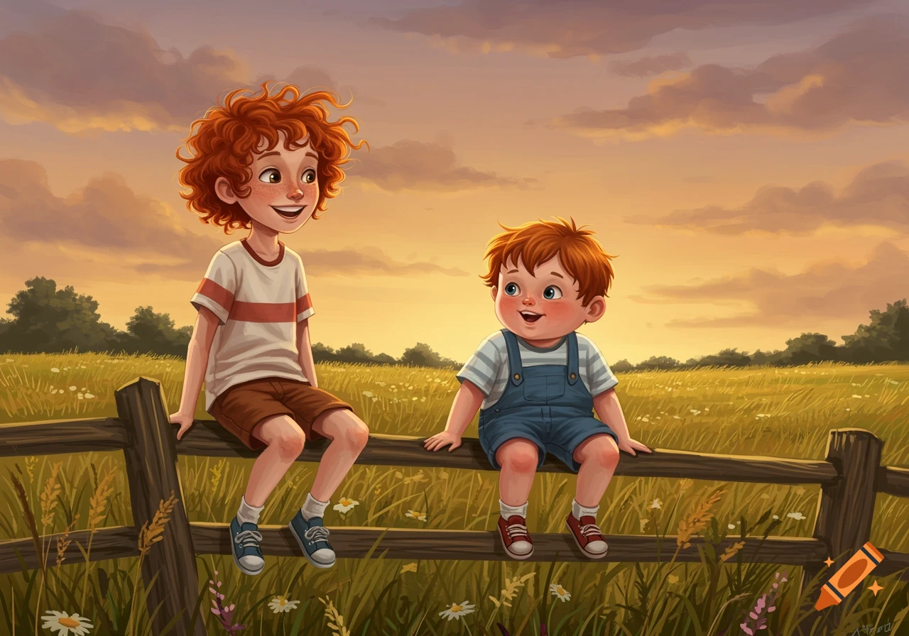 Two smiling redhead boys sit on a wooden fence in a grassy field at sunset, illustrated in a charming cartoon style.