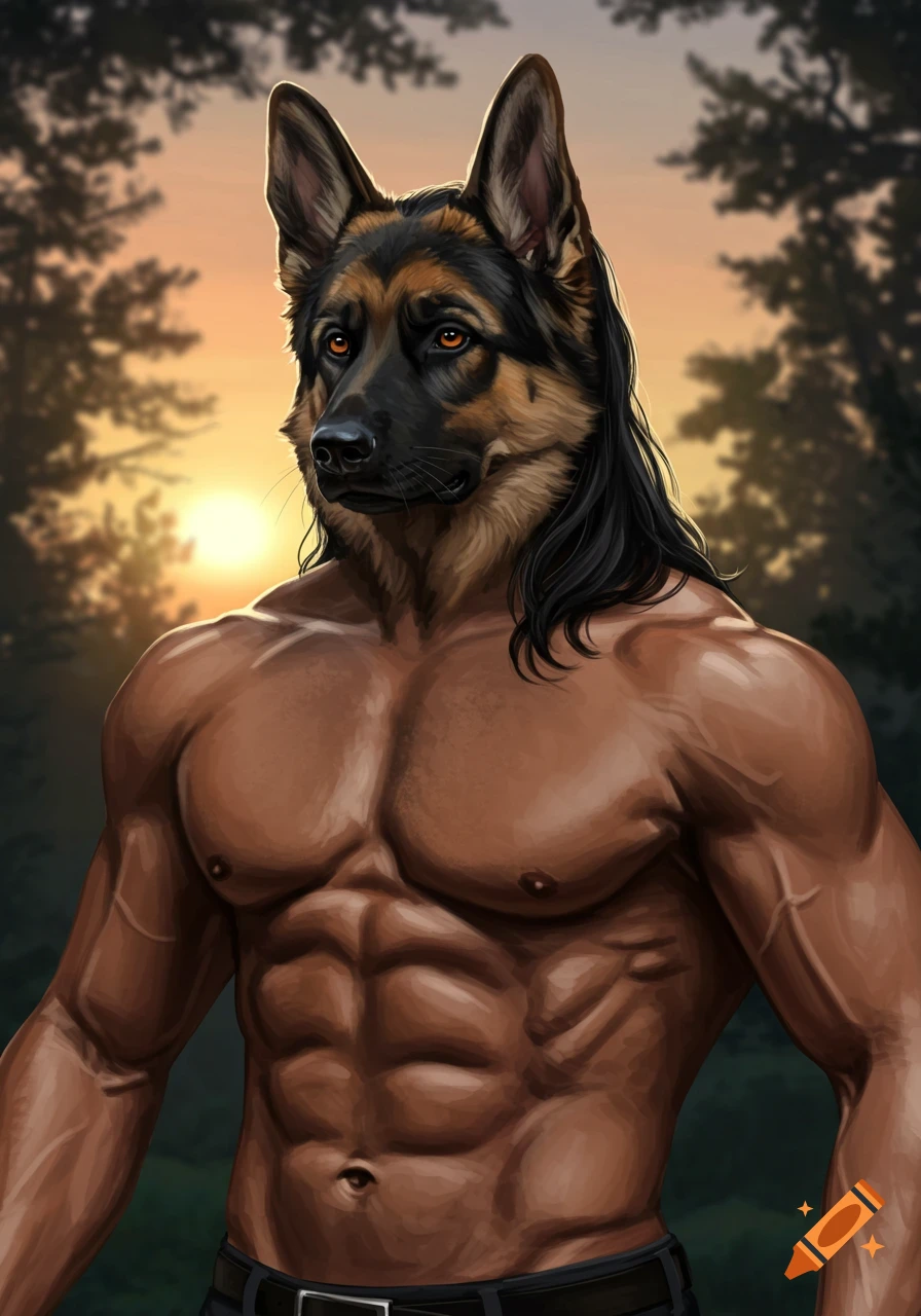 Muscular German Shepherd demi-human with black hair and tan skin, looking intense against a sunset background, digital art.