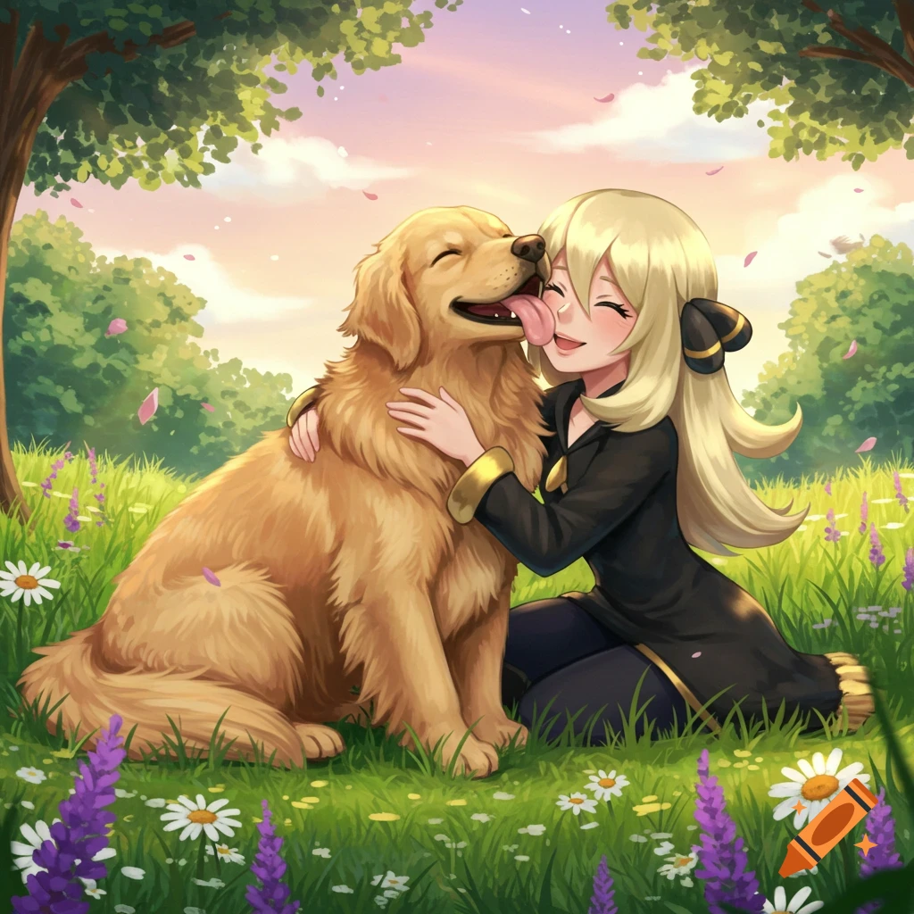 Anime-style image of Cynthia from Pok avmon hugging a Golden Retriever in a sunny field while the dog licks her face.