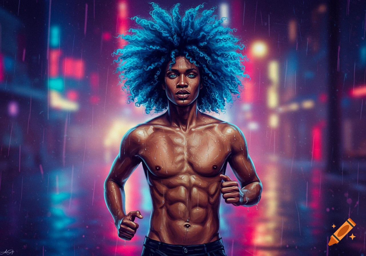 Vibrant illustration of a muscular, shirtless man with electric blue curly hair running in a neon-lit, rainy cyberpunk city at night.